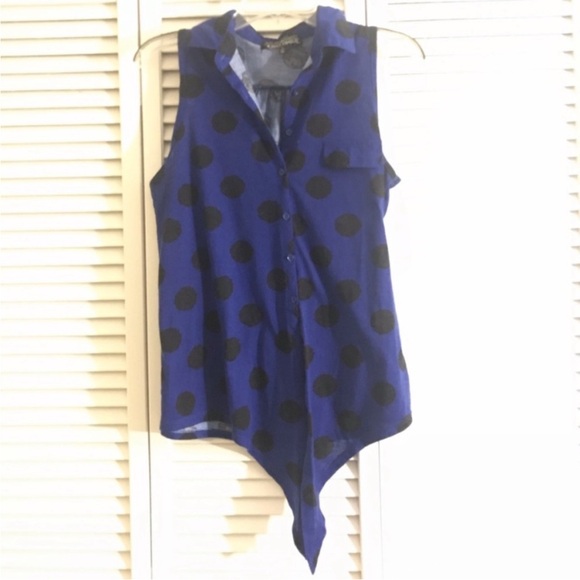 L sleeveless button down tie front blue dot top - Picture 3 of 4